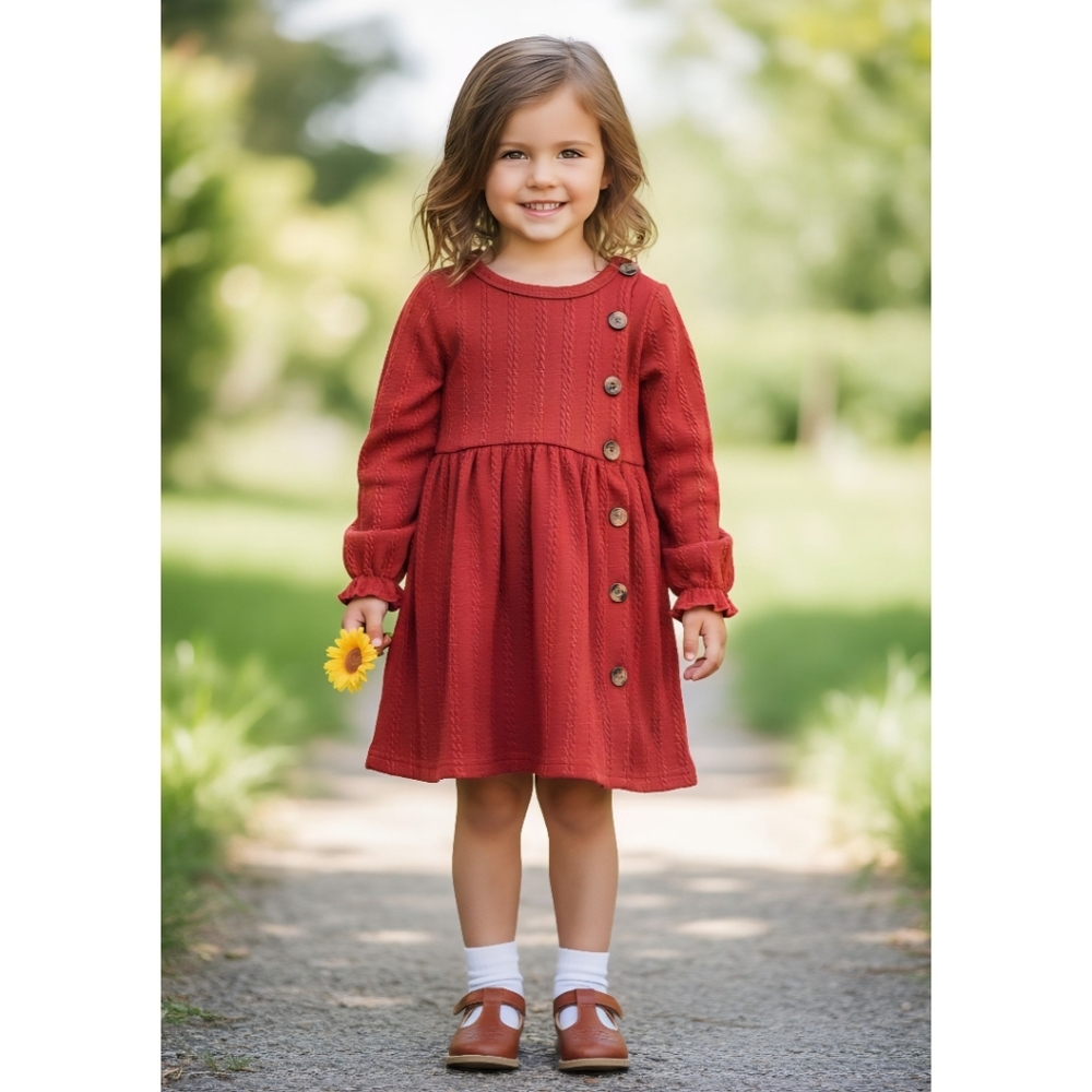 Girl's Rust Red Cable Knit Long Sleeve Button Front Boho Fall Holiday Dress 5-6Y